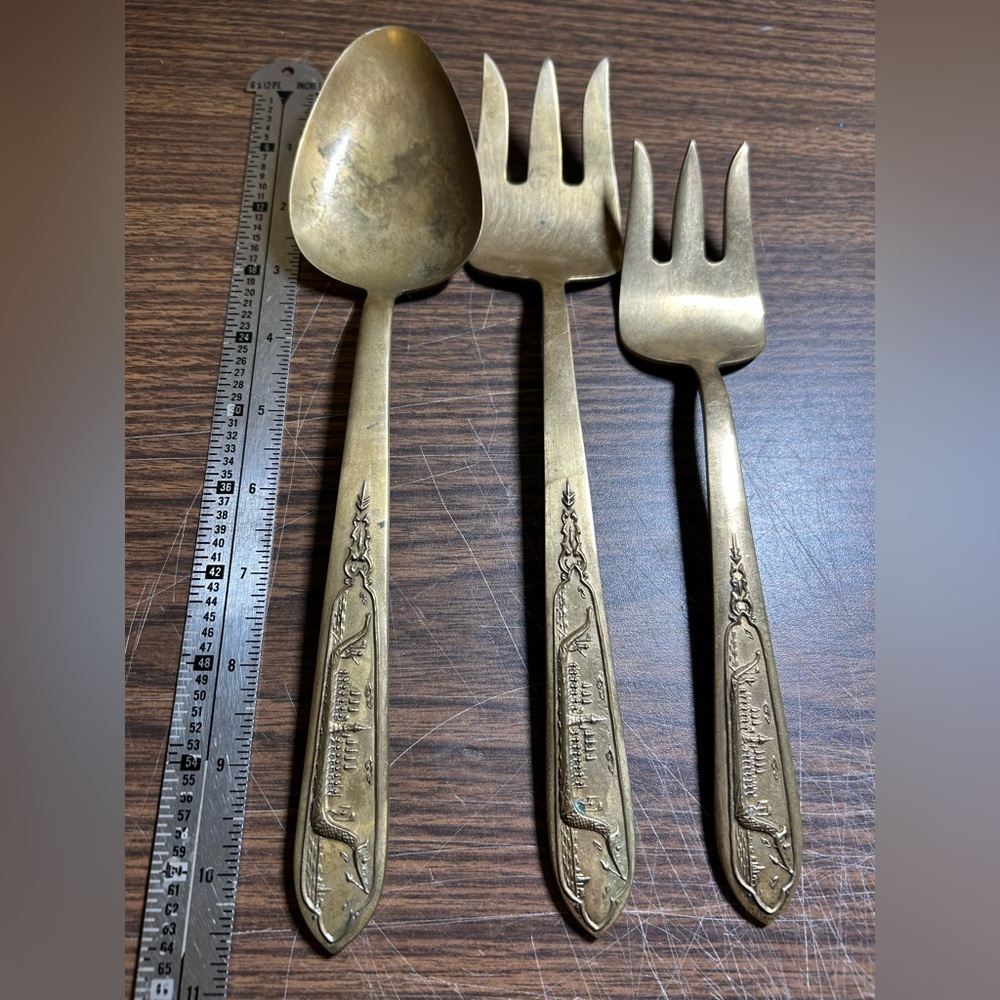 Vintage Brass Flatware Dragon Viking Ship Design Set 3 Serving 2 Forks 1 Spoon